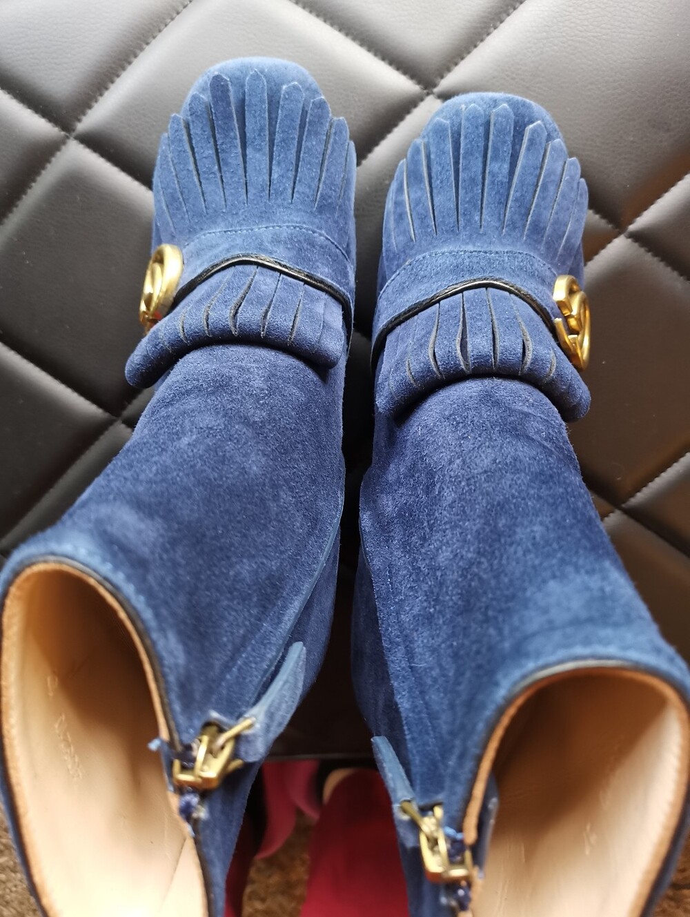 GUCCI Blue Suede Marmont Fringe GG Mid-Heel Ankle Boots Size 37 US 6.5/7